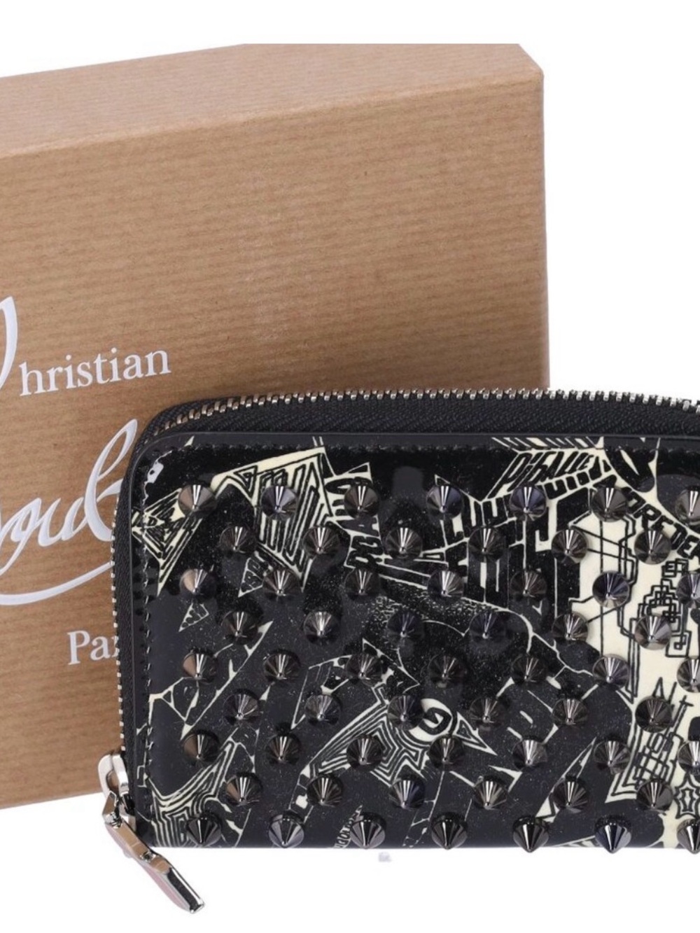 Christian Louboutin Black & Cream Studded Patent Zip Wallet